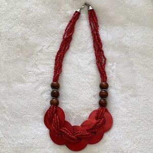 Stunning Hancrafted Red Beaded Necklace with Wood & Silver Accents